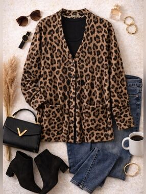 MYIFU Leopard Print Button Front Cardigan w/ Pockets Women’s Large